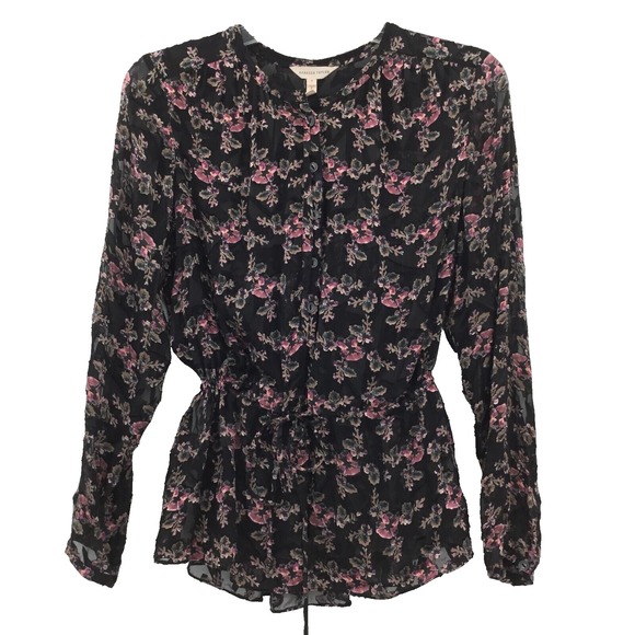 Rebecca Taylor Tops - Rebecca Taylor Floral Silk‎ Blend Blouse Womens 4 Black Drawstring Waist
